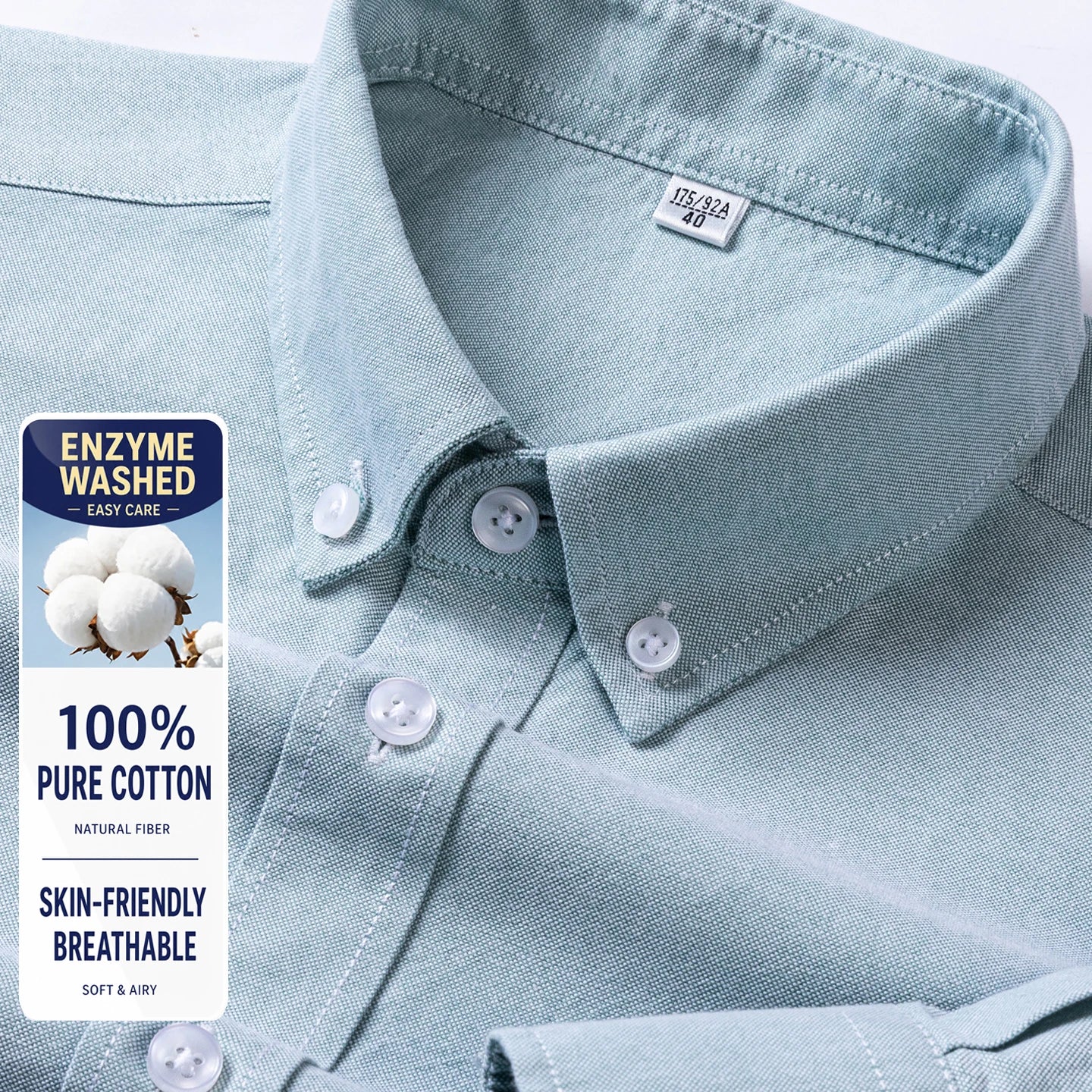 Men Cotton Oxford Shirt Long Sleeve Button Down Casual Business Shirt Pre-Shrunk Enzyme Washed Breathable Wrinkle Resistant