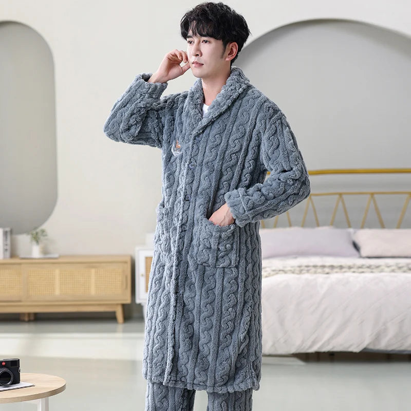 Winter Coral Velvet Men Sleepwear Button Cardigan Robes + Pants Thicken Flannel Bathrobe Male Long Sleeve Kimono Warm Home Wear