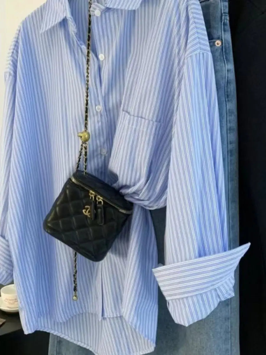 Retro Lazy Sle Blue Striped Women's Long Sve irt Spring Autumn Design Sense Small ence Outerwear Blouse