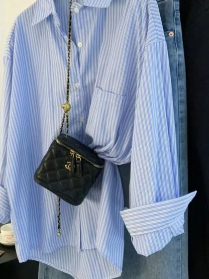 Retro Lazy Sle Blue Striped Women's Long Sve irt Spring Autumn Design Sense Small ence Outerwear Blouse