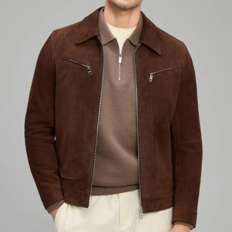 Retro Casual Long Sleeves Lapel Genuine Leather Jacket High Quality Solid Color Male Zipper Slim Sheepskin Suede Outerwear