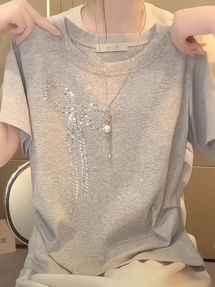 Elegant round Neck Short Sleeve T-Shirt Women's Summer New Style  Knot Rhinestone Embellished Slimming Chinese Design