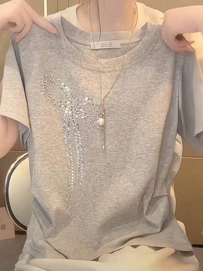 Elegant round Neck Short Sleeve T-Shirt Women's Summer New Style  Knot Rhinestone Embellished Slimming Chinese Design