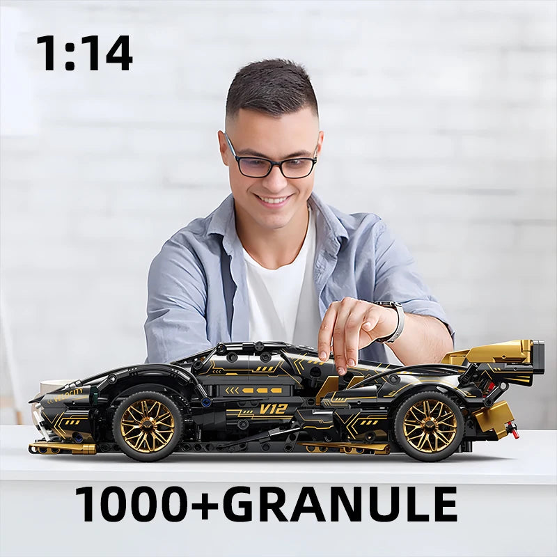2024 Black V12 Block Roadster RC Tech Racer 1:14DIY Roadster building block assembly Block car toy birthday gift （1000+granule）