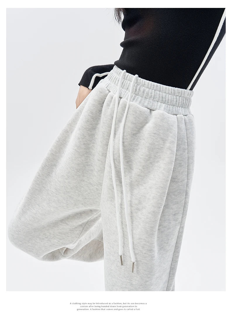 Gray Lamb Velvet Sport Pants Women's High Waist Drapey Fleece Wide Leg Casual Small Size Thickened Cotton Pants