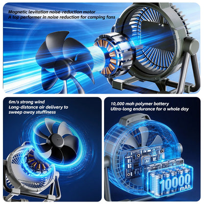 Multifunctional Camping Fan 10000mAh Portable Outdoor Rechargeable Fan 5 Speed Air Circulators w/ LED Light Hook Remote Control