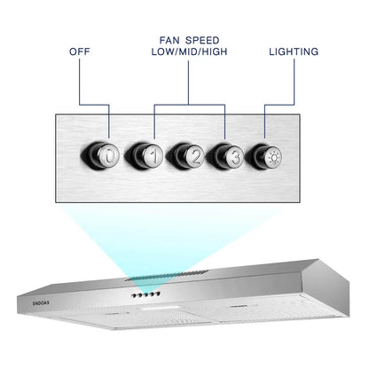 Tieasy 30 inch 230 CFM Under Cabinet Mount Stainless Steel with Carbon Filter LED Lights Kitchen Range Hood USGF2375CF