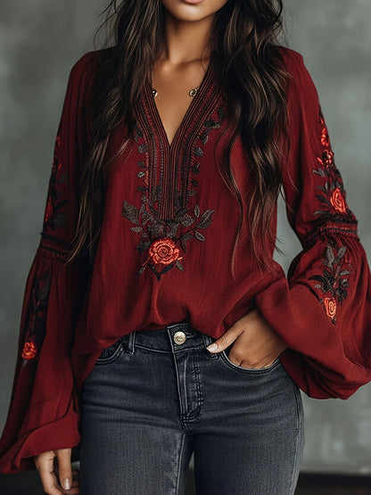 Plus Size Boho Blouse for Women V Neck Floral Embroidered Bell Sleeve Loose Fit Casual Ethnic Beach Vacation Retro Shirt Top