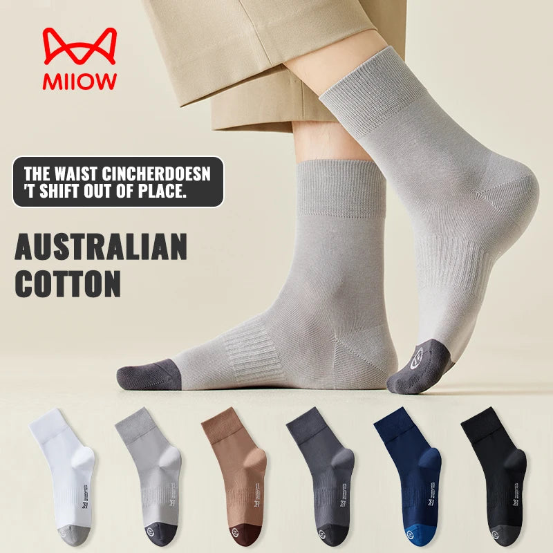 MiiOW Australian Cotton Socks Men Business Dress Black White Long Sock Antibacterial Anti Odor Crew Socks Breathable Sport Sock