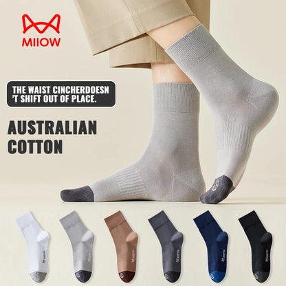 MiiOW Australian Cotton Socks Men Business Dress Black White Long Sock Antibacterial Anti Odor Crew Socks Breathable Sport Sock