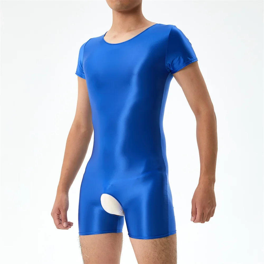 Sexy Men's Open Crotch Bodysuit Short Sleeve Oil Shiny Glossy Tights High Elastic Man Clothing Shapers Exotic Leotard