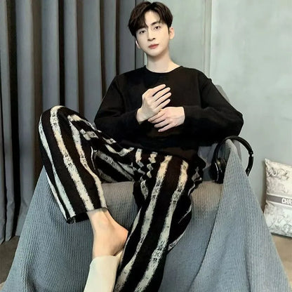 Men‘s Pajama Set Long Sleeve Black Striped Fall and Winter Youth Student Nightwear Loungewear Two Piece Set Sleepwear Homewear