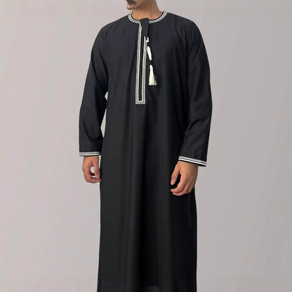 Large Loose Muslim Men's Round Neck Embroidered Robe Comfortable And Breathable Solid Color Long Style