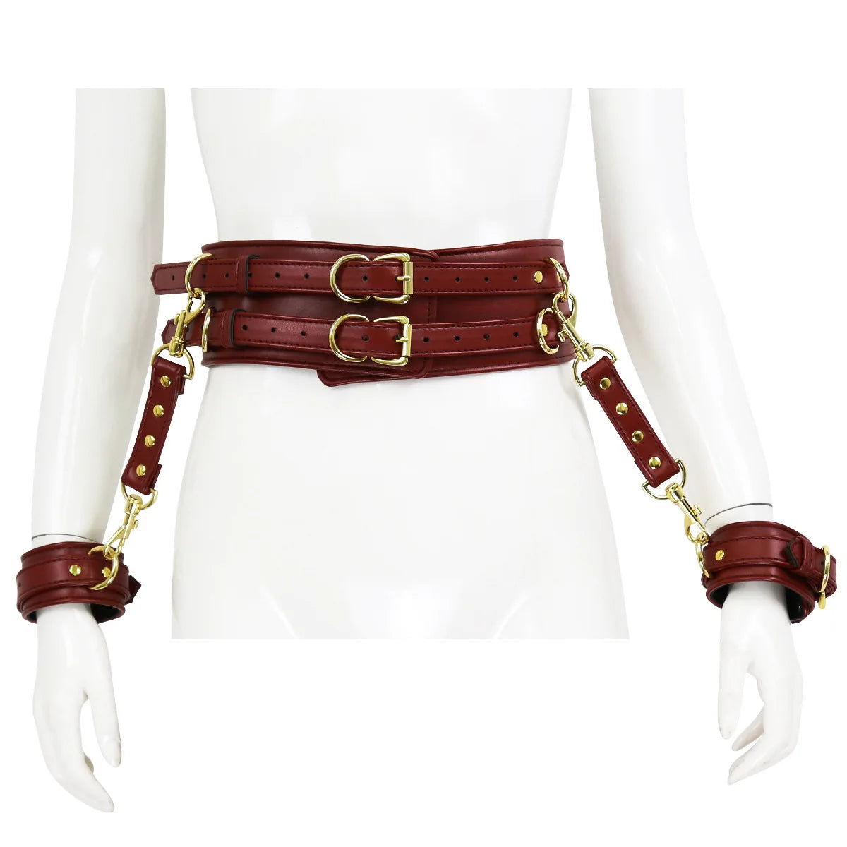 BDSM PU Leather Waist To Wrist Restraint Harness Set Adjustable Bondage Belt with Cuffs Slave Role Play Adult Sex Toy for Women