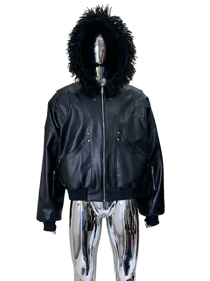 Autumn Winter Cool Short Oversized Thickened Warm Pu Leather Jacket Men with Faux Fur Trim Hood Rivet Luxury Designer Clothes