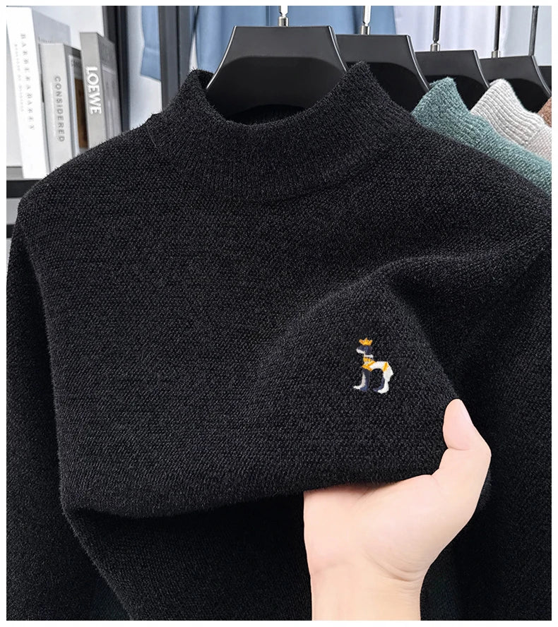 High End Embroidered Snow Carved Velvet Semi High Neck with Thick Velvet Men's Sweater Winter Semi High Neck Base Sweater