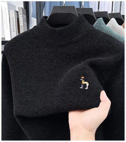 High End Embroidered Snow Carved Velvet Semi High Neck with Thick Velvet Men's Sweater Winter Semi High Neck Base Sweater
