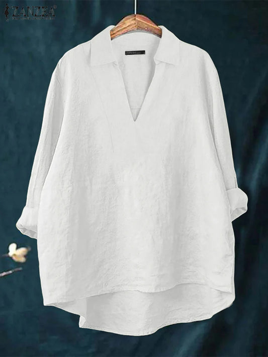 ZANZEA 2025 Autumn Women High-Low Blouses Loose V-Neck Long Sleeve Cotton Linen Fashion Blusas Mujer Everyday Casual Solid Tops
