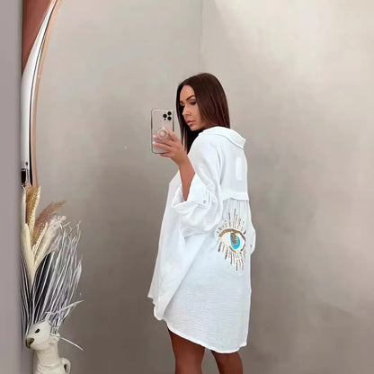 Spring Summer 2024 Women's Casual Evil Eye Shirt Long Sleeve Turn-down Collar Regular Length Other Material 100% Fashion Ladi...