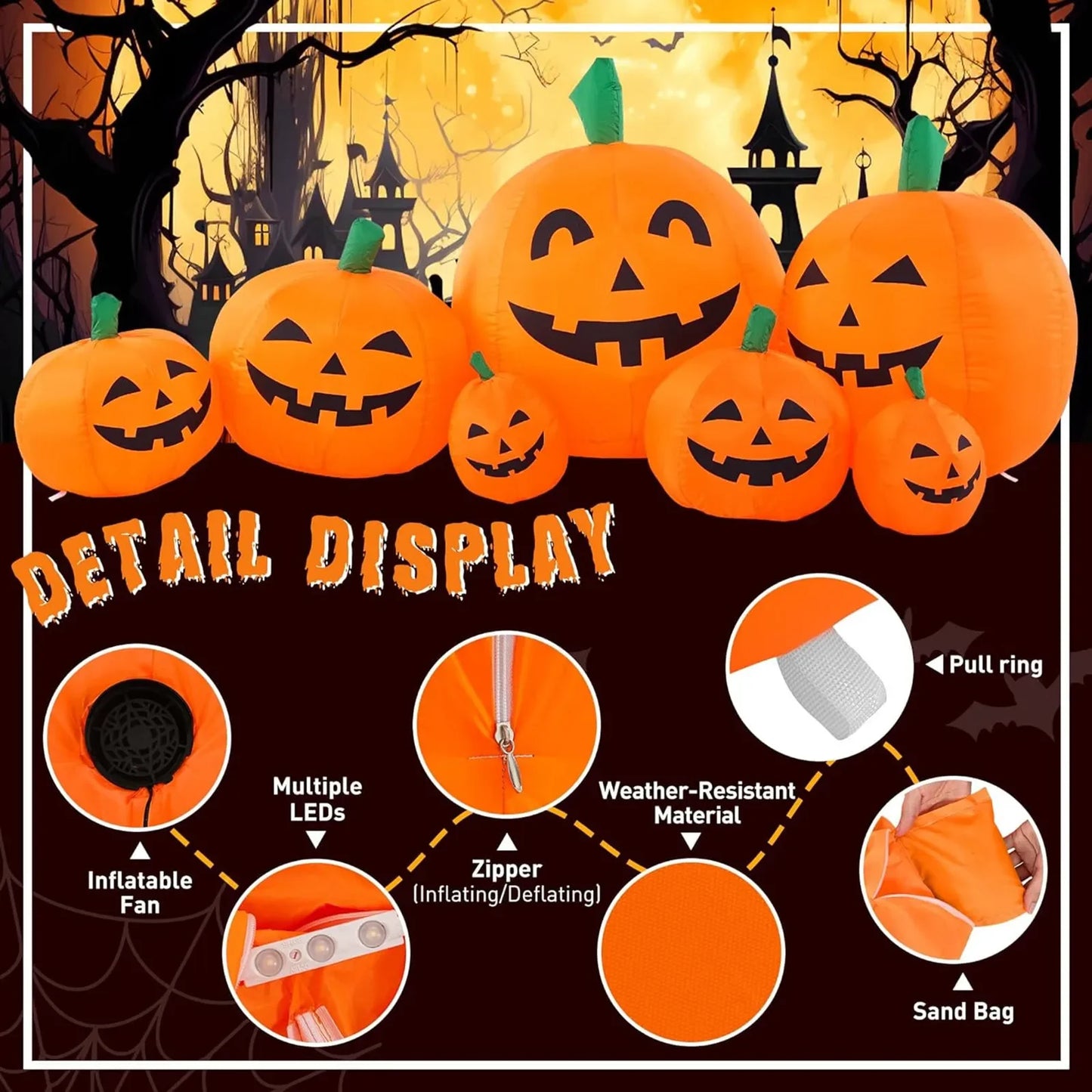 2.2M/7.5FT Inflatable Toy Halloween Pumpkin Pile Outdoor Decoration Halloween Festival 7 Pumpkins Built-in LED Light Garden Prop