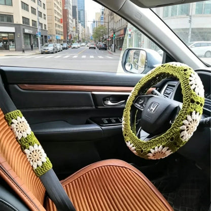 Warm Anti Slip Hand Crocheted Flower Steering Wheel Cover Simple Stylish Winter Decor Car Steering Wheel And Seat Belt Accessory