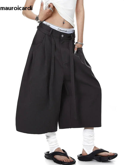 Mauroicardi Spring Summer Loose Soft Baggy Black Scimitar Wide Leg Shorts for Men High Waist Sashes Knee Length Pants Clothes