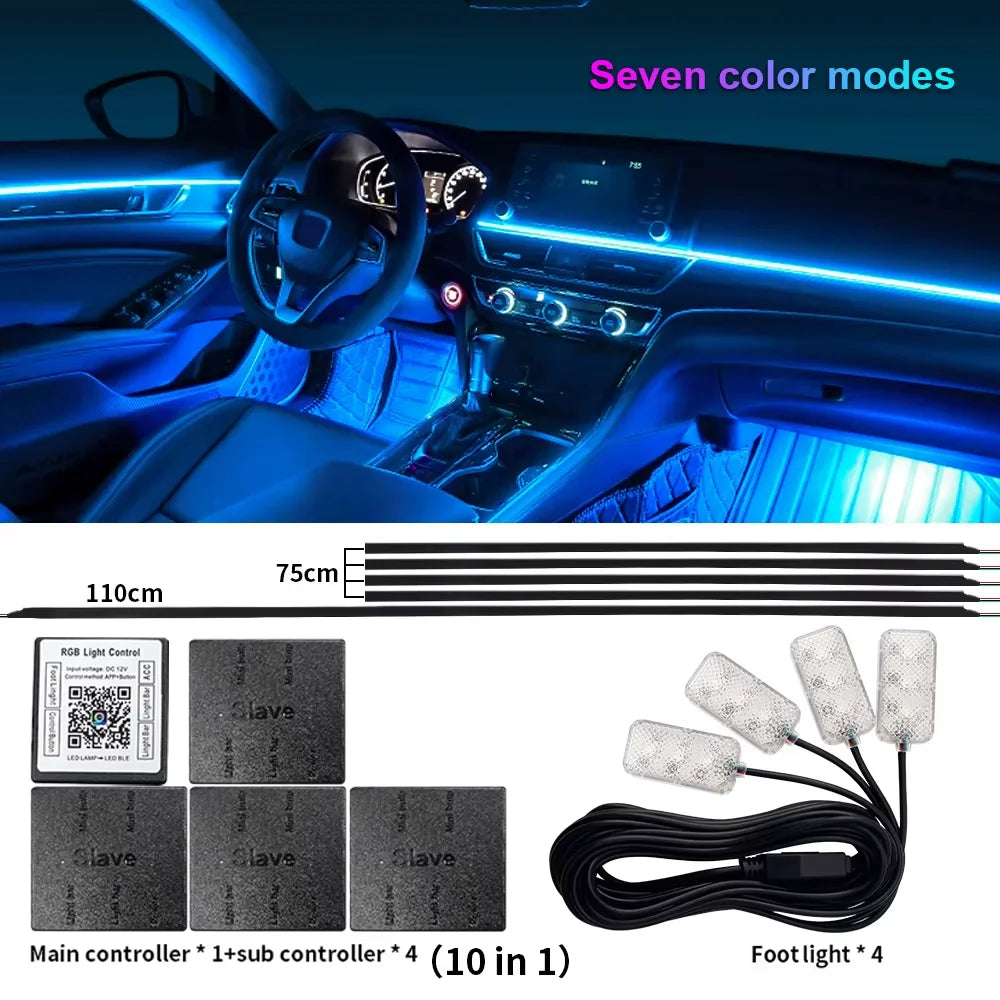 18 in 1 Dual Zone Symphony Streamer Car Ambient Light RGB 64 Colors Interior Rainbow Acrylic Strip Atmosphere Lighting kit App