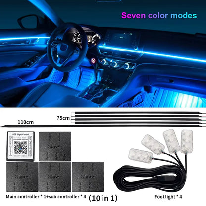 18 in 1 Dual Zone Symphony Streamer Car Ambient Light RGB 64 Colors Interior Rainbow Acrylic Strip Atmosphere Lighting kit App