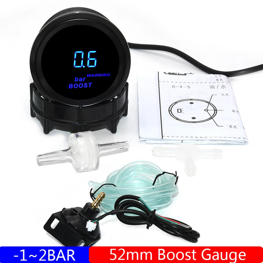2" 52mm Car Digital Turbo Boost Gauge PSI BAR Water Temp Oil Temp Oil Pressure Gauge Voltmeter EGT Tachometer RPM Gauge Car 12V