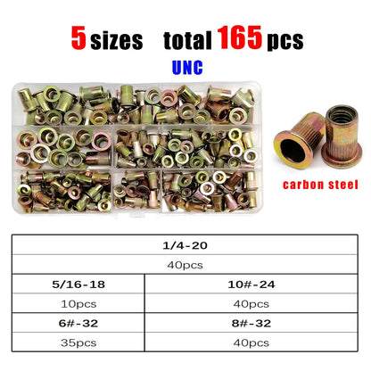 1 Box M3 M4 M5 M6 M8 US Coarse Thread UNC 304 A2-70 Stainless Steel Carbon Steel Aluminum Flat Head Rivet Nut Rivnut Set Kit