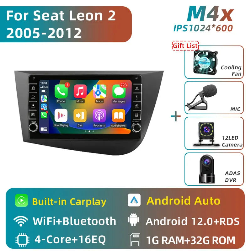 Jundof 2 Din Android 12 For Seat Leon 2 MK2 2005-2012 Car Radio Multimedia Video Player Carplay Stereo Autoradio DVD IPS Screen