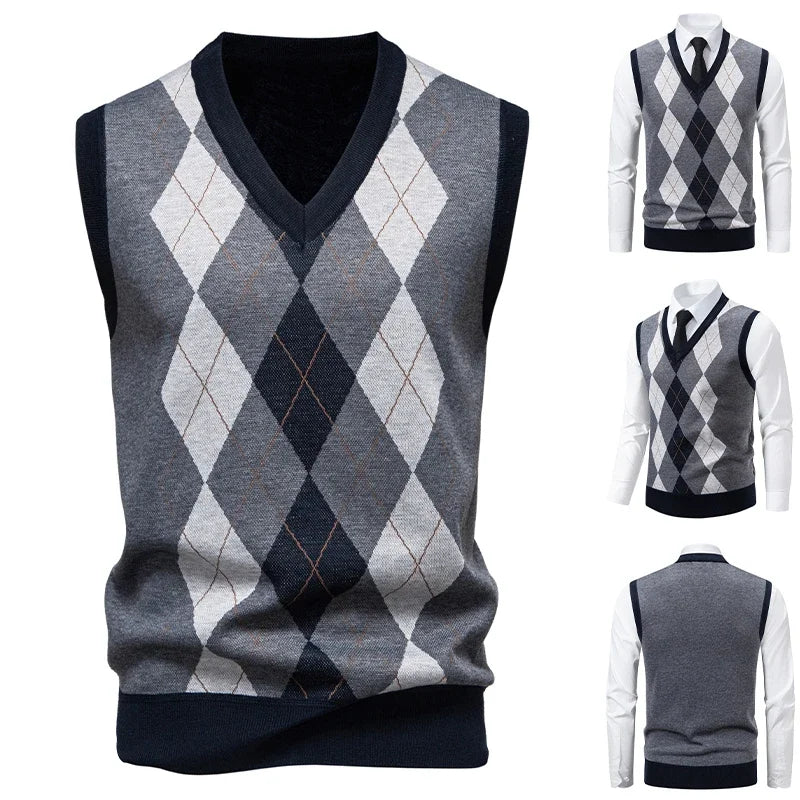 Men's Knitted Warm Sweater in Autumn and Winter V-neck Vest Diamond Grid Twisted Flower Casual Fashion Versatile Top