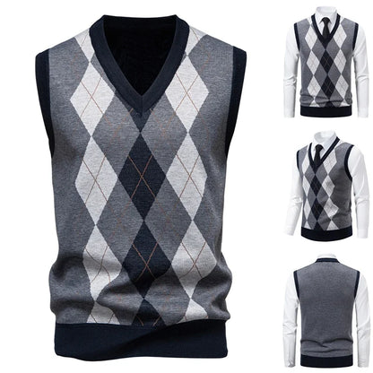Men's Knitted Warm Sweater in Autumn and Winter V-neck Vest Diamond Grid Twisted Flower Casual Fashion Versatile Top