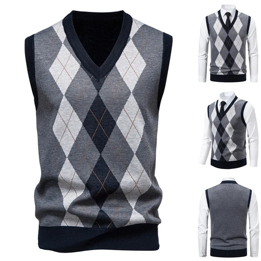 Men's Knitted Warm Sweater in Autumn and Winter V-neck Vest Diamond Grid Twisted Flower Casual Fashion Versatile Top