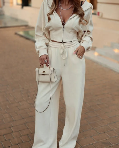 Fashionable Casual Hooded Zipper Sweatshirt Pants Set Women's Long Sleeve Autumn Collection Online Exclusive Two-Piece Ensemble