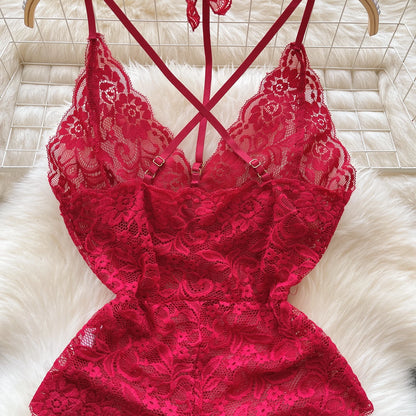 Sexy Lace Strap Jumpsuit Slim Fit Transparent Women's Pajamas Halter Playsuit Erotic Lingerie Catsuit Backless Hollowed Bodysuit