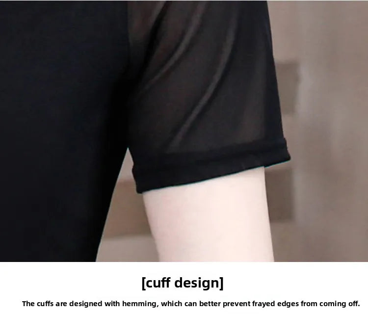 Lace Short Sleeve Slim Fit T-Shirt Women's Summer New Netting Thin Style round Neck Regular Length Pure Color Commute Style