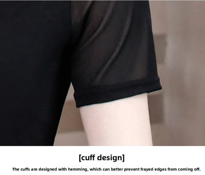Lace Short Sleeve Slim Fit T-Shirt Women's Summer New Netting Thin Style round Neck Regular Length Pure Color Commute Style