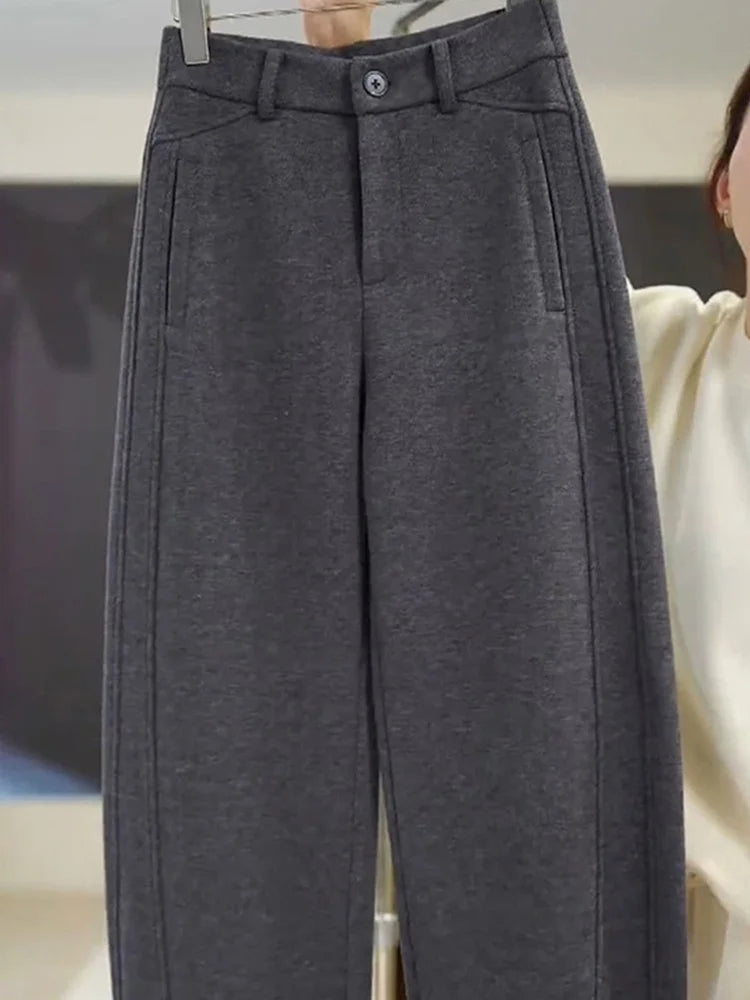 High Waist Grey Woolen Knife Pants Women's Casual Autumn Winter Straight Leg Trousers Commute Style Korean Fashion