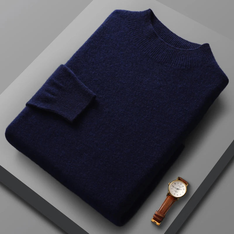 100% Merino Wool Sweater Men's Half high collar Knitted Hoodie Spring Autumn New Cashmere Sweater Versatile  Menswear