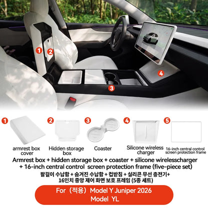 YZ For Tesla Model Y YL Juniper Model 3 Highland 2026 Console & Armrest Storage Box ABS Non-slip Mat Cup Holder Box Accessories