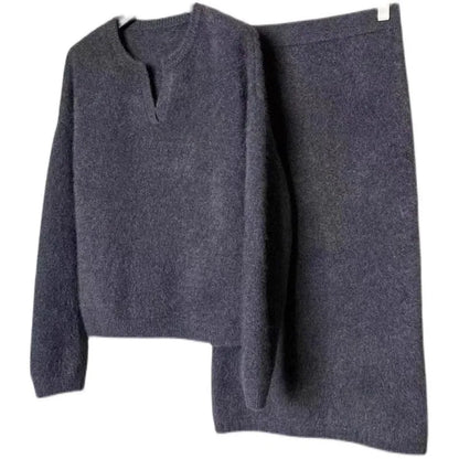 100% cashmere suit a solid-color POLO collar loose sweater and a mid-length skirt a two-piece set