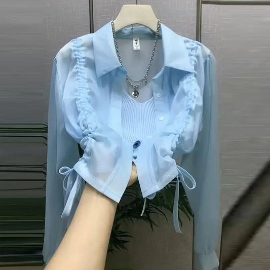 Women Blouse Drawstring Sunscreen Short Tops Long Sleeve Shirts Lightweight Outerwear Spring Summer Jacket Trend Buttons Shirts