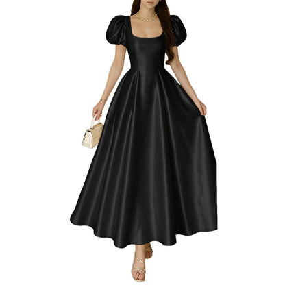 ZANZEA Elegant Chic Women Satin Wedding Guest Party Long Dresses Square Neck Short Puff Sleeve Fitted Waist A-Line Dress S-3XL