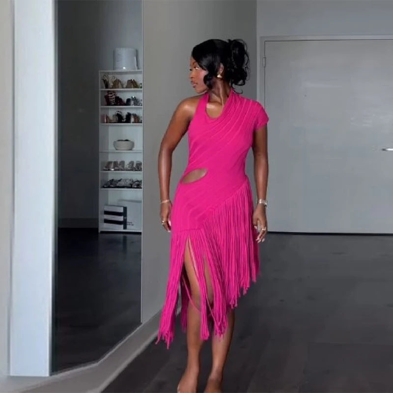 Women New Trend Sexy Fringe Pure Color Skirt  Irregular Cut Backless Sleeveless Party Dresses Stylish Date club Evening Gown