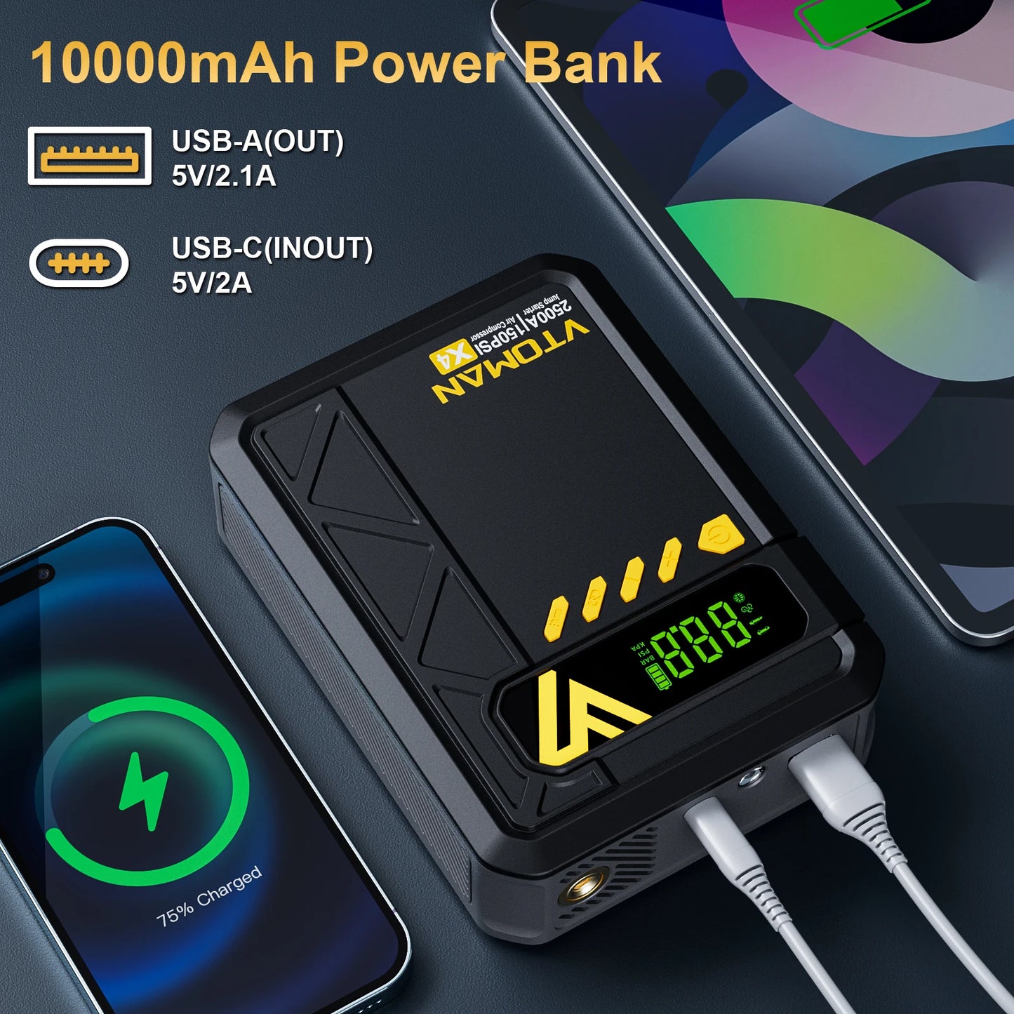 VTOMAN X4 Car Jump Starter 2500A Car Power Bank 4 In 1 with Portable Air Compressor Car Starter Booster for 8.5L Gas/6.0L Diesel