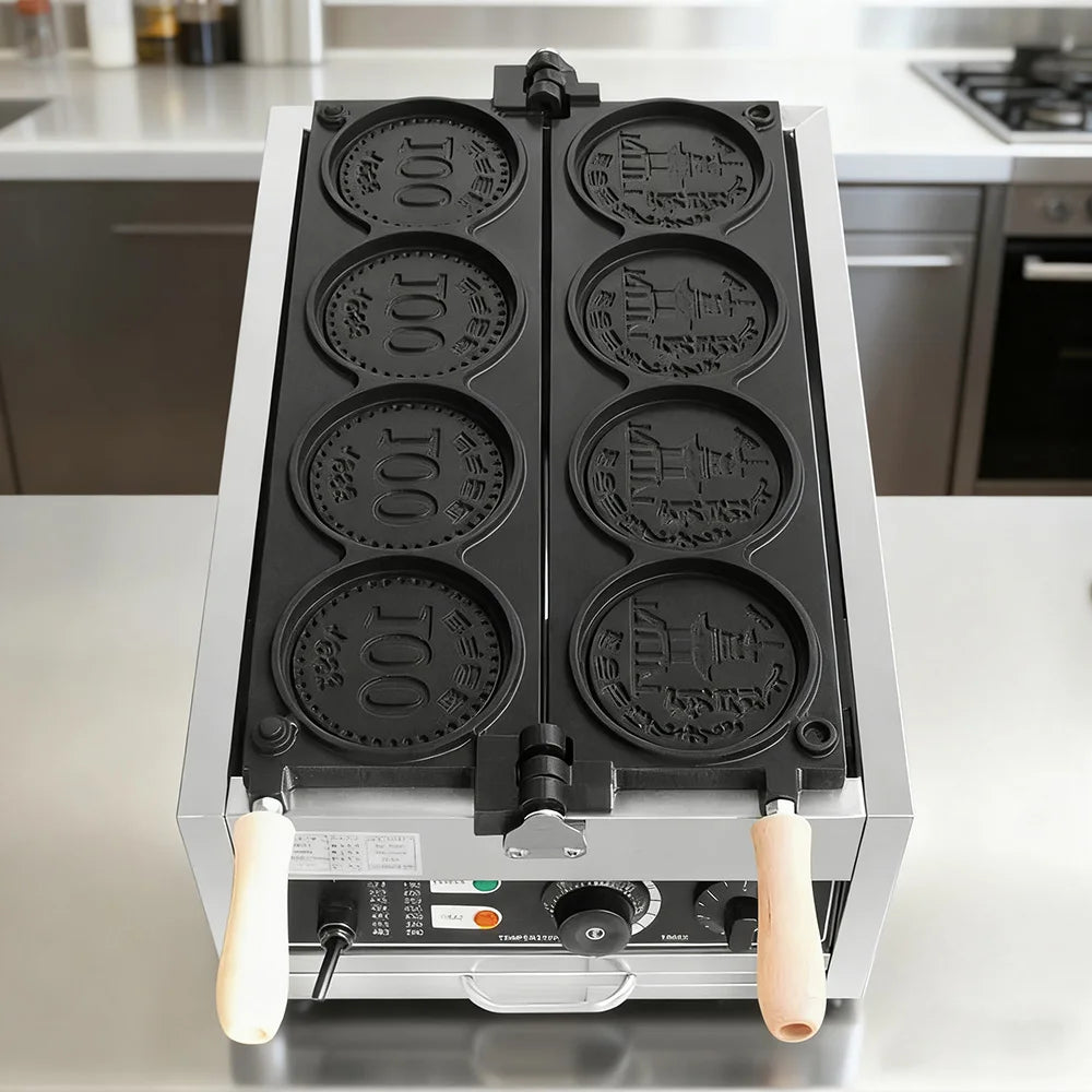 Commercial Gold Coin Bread Maker Electric Waffle 4Pcs Coin Cheese Mini Waffle Mold Baking Machine Coin Shape Waffle Mold 220V