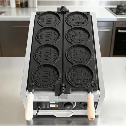 Commercial Gold Coin Bread Maker Electric Waffle 4Pcs Coin Cheese Mini Waffle Mold Baking Machine Coin Shape Waffle Mold 220V