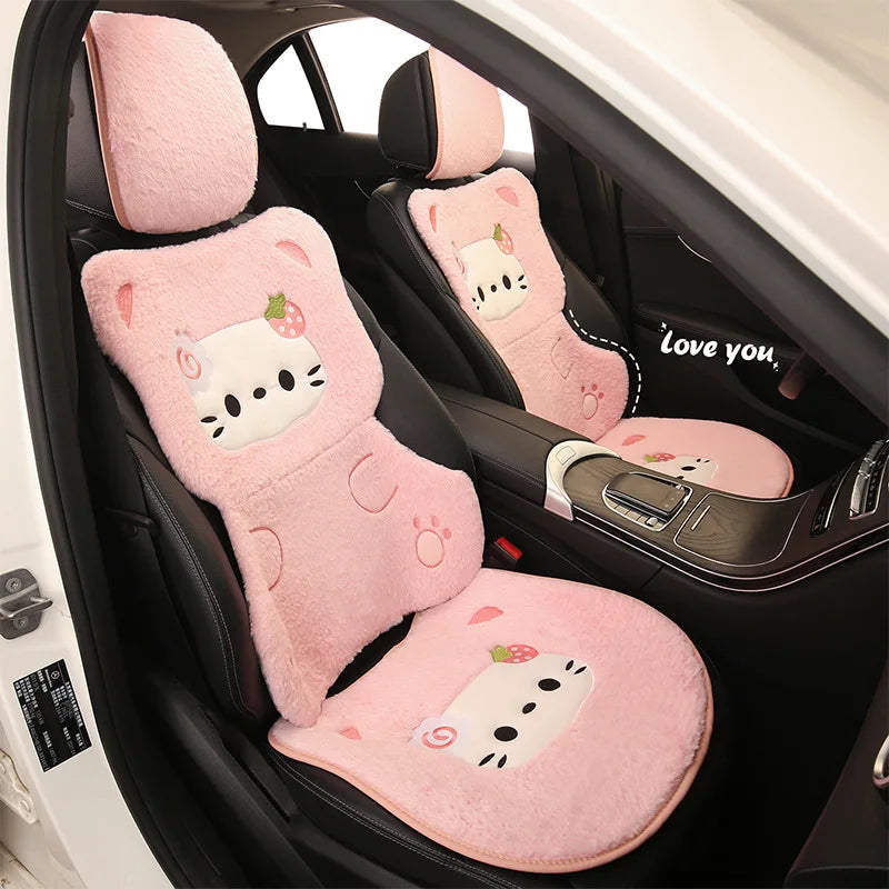 Hello Kitty Winter Plush Car Cushion Cover Cute Pink Warm Cartoon Women's Universal Warmth Seat Covers Auto Seat Accessories
