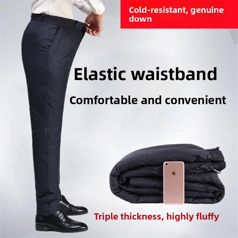 Men's down Pants Thick Warm Cold Resistant Elastic Waist Cotton Pants Outdoor Wear Loose White Duck down Middle Age Dad Pants